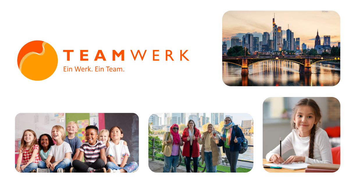Hintergrund Startseite Website-14 Collage aus den Logo von Teamwerk, Bildern von Frankfurt und Schülerinnen und Schülern in der Schule